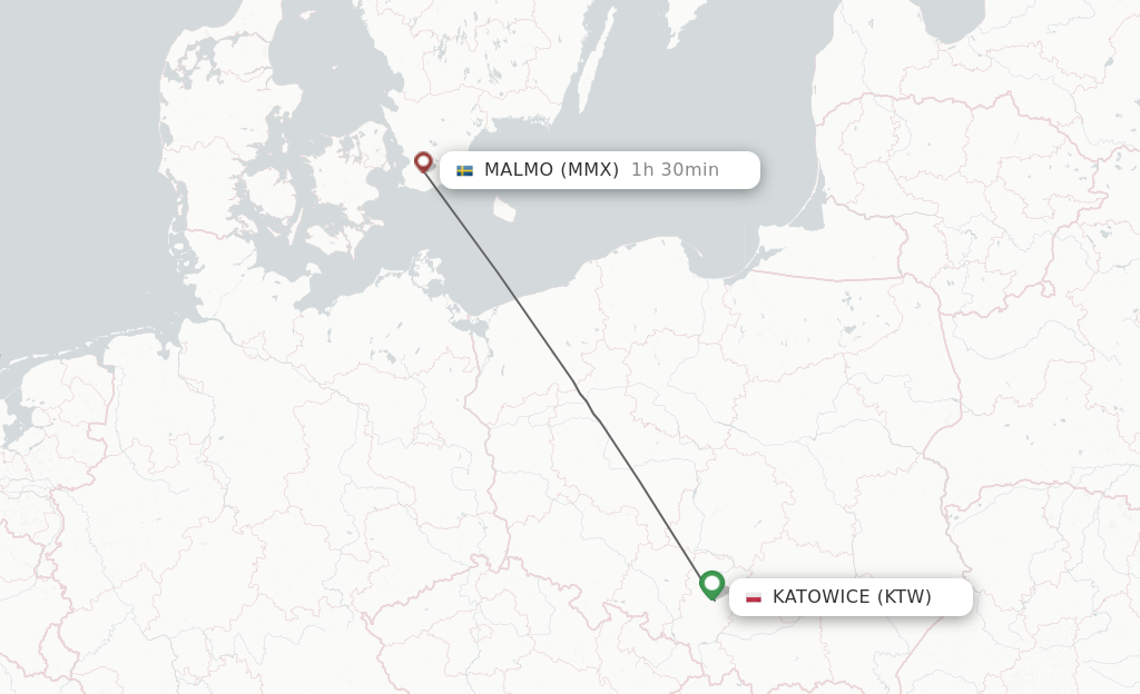 Flights from Katowice to Malmo route map