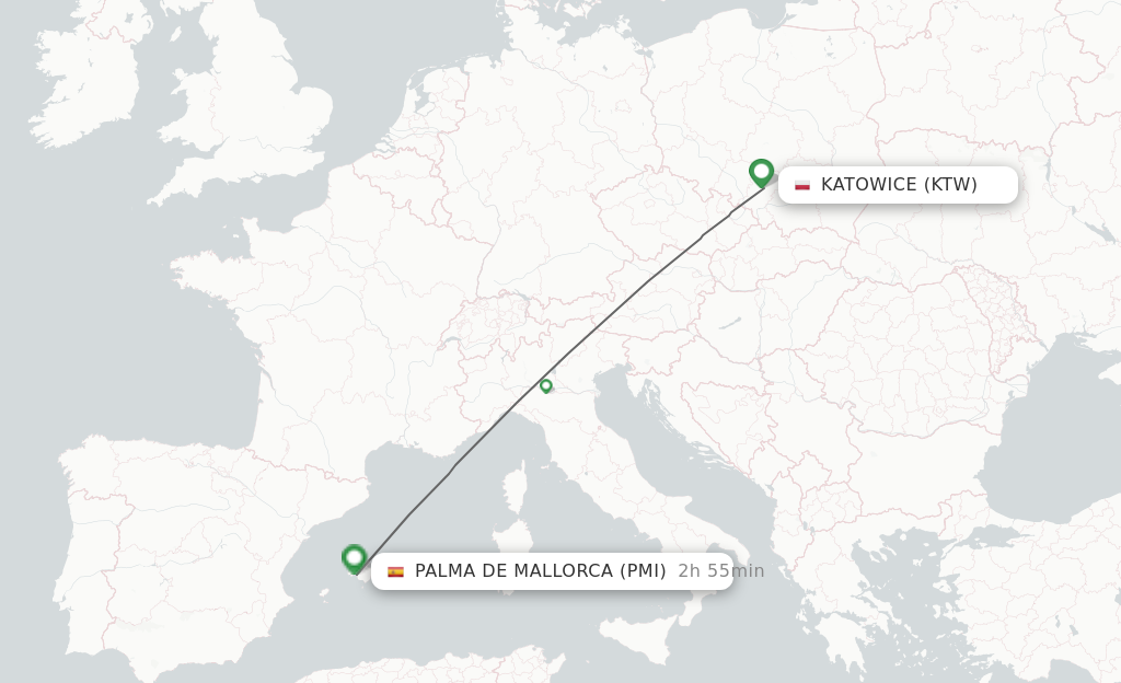Flights from Katowice to Palma de Mallorca route map