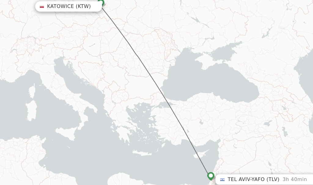Flights from Katowice to Tel Aviv-Yafo route map