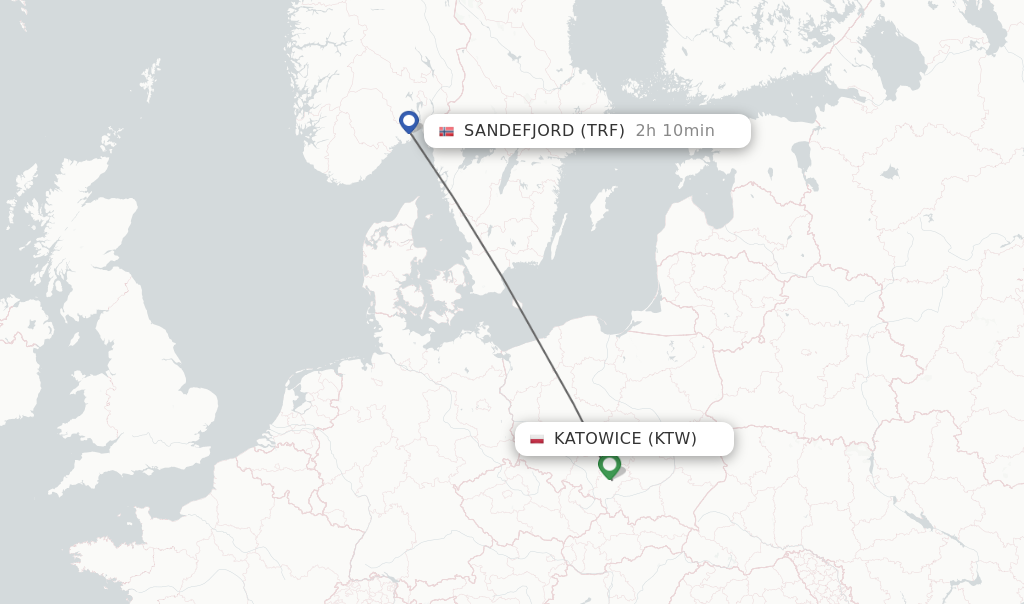 Flights from Katowice to Sandefjord route map
