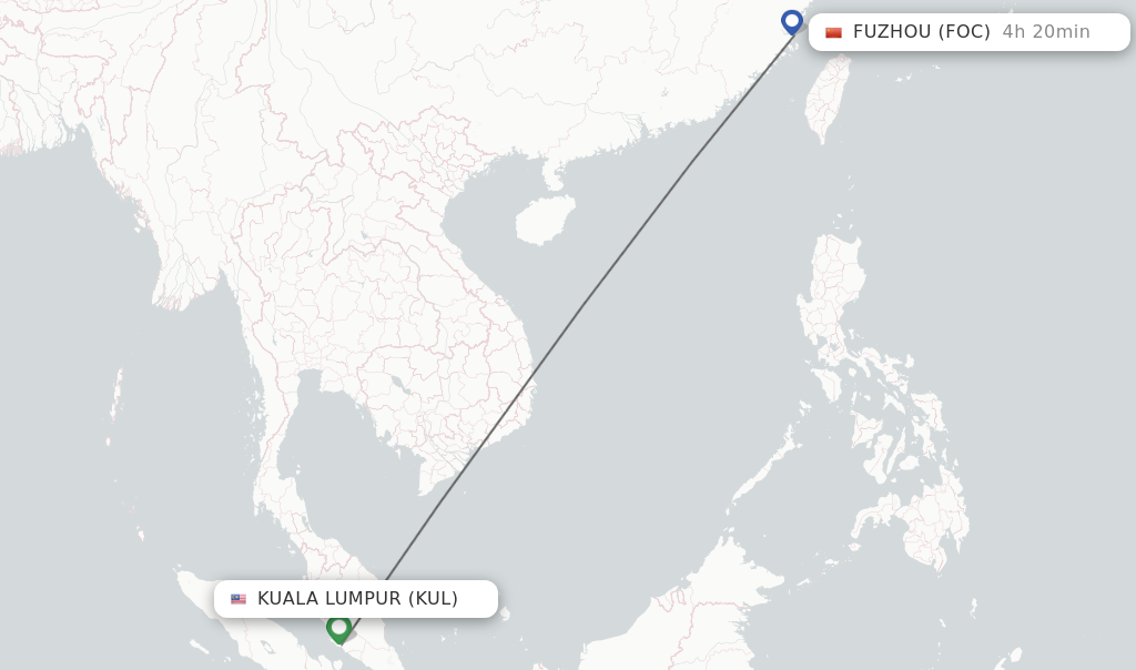 Flights from Kuala Lumpur to Fuzhou route map