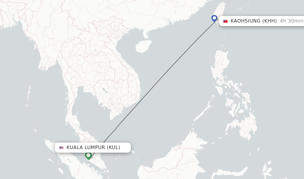 Flights from Kuala Lumpur to Kaohsiung route map