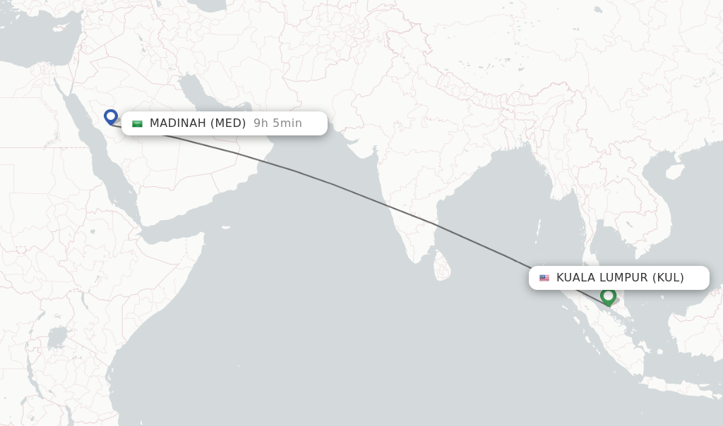 Flights from Kuala Lumpur to Madinah route map