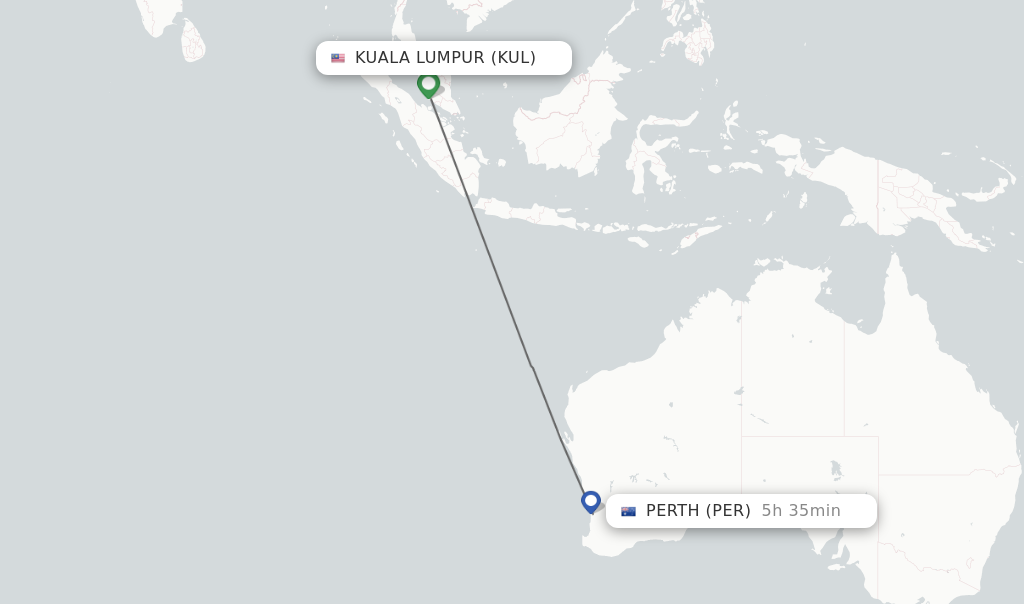 Flights from Kuala Lumpur to Perth route map