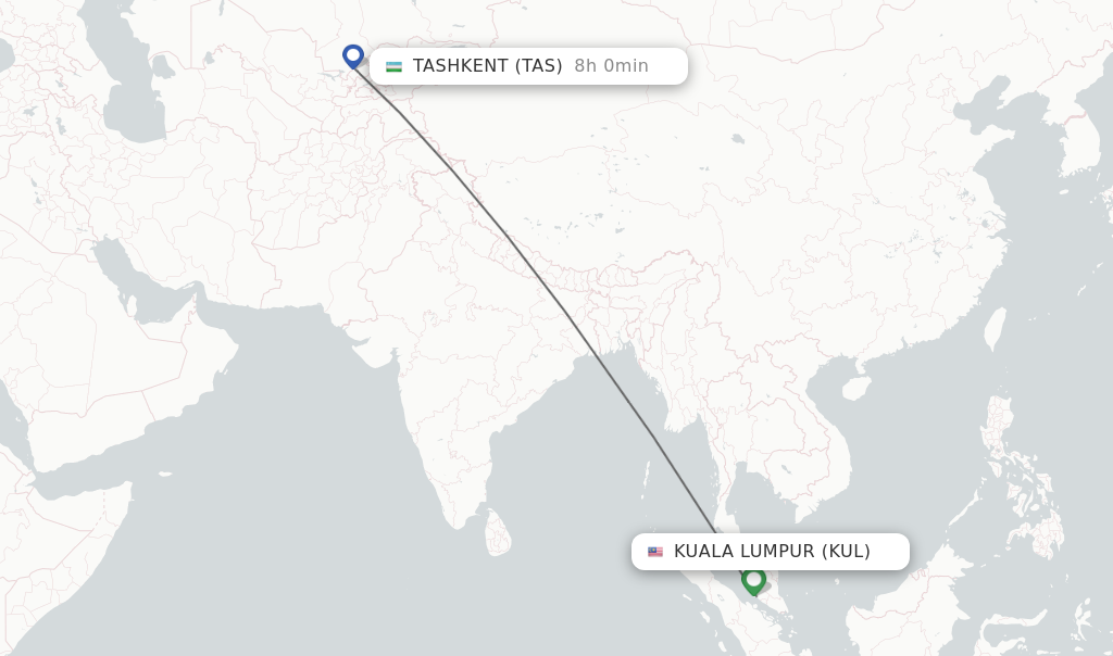Flights from Kuala Lumpur to Tashkent route map