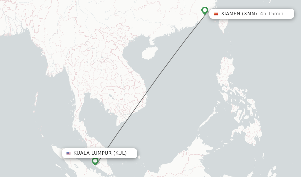 Flights from Kuala Lumpur to Xiamen route map