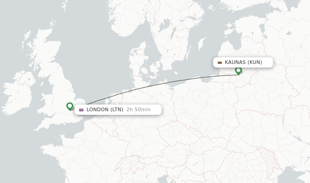 Flights from Kaunas to London route map