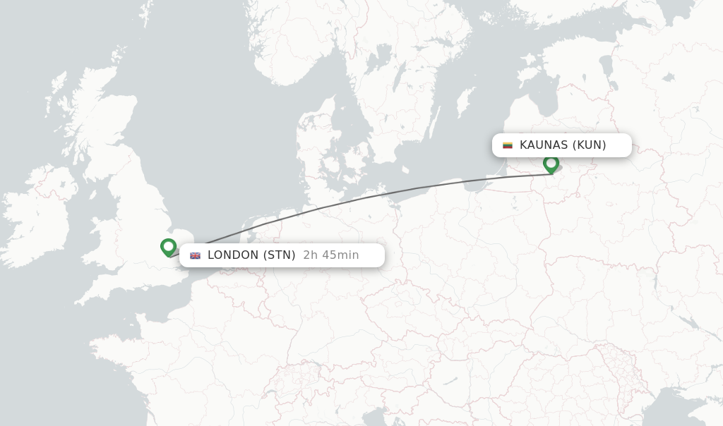 Flights from Kaunas to London route map