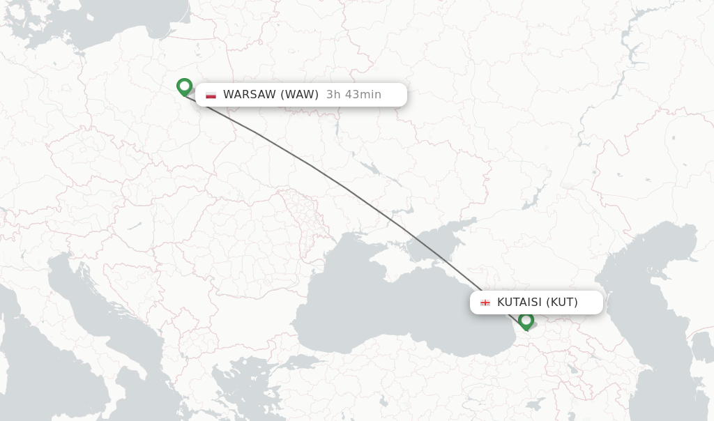 Flights from Kutaisi to Warsaw route map
