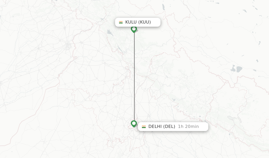 Flights from Kulu to Delhi route map