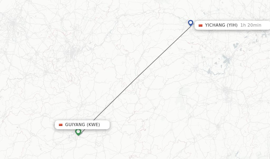 Flights from Guiyang to Yichang route map