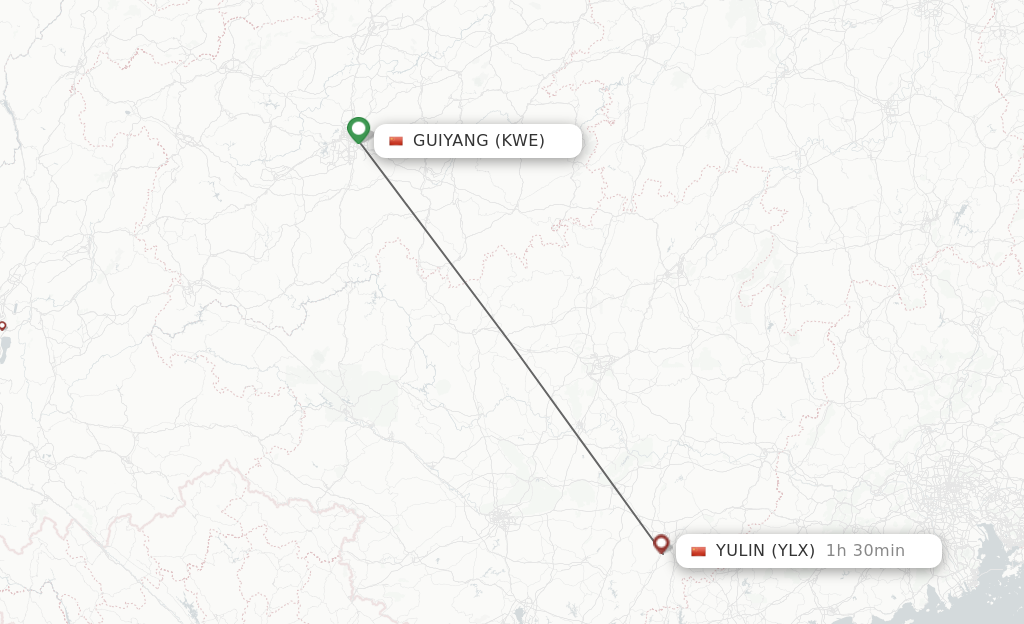 Flights from Guiyang to Yulin route map