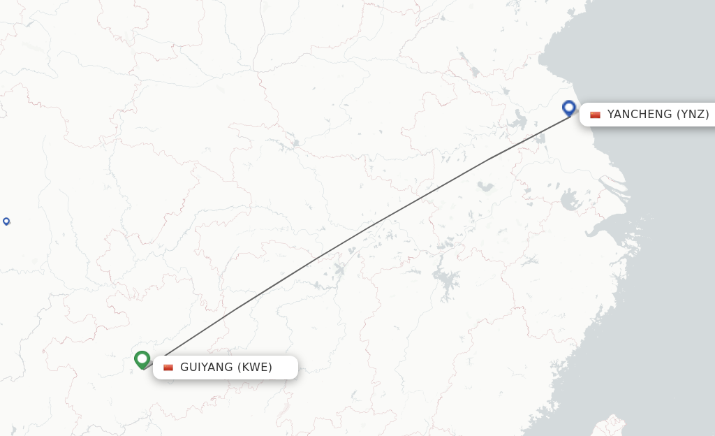 Flights from Guiyang to Yancheng route map