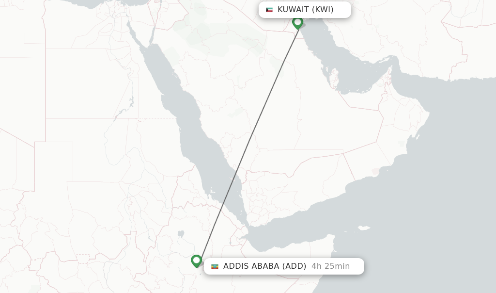 Flights from Kuwait to Addis Ababa route map