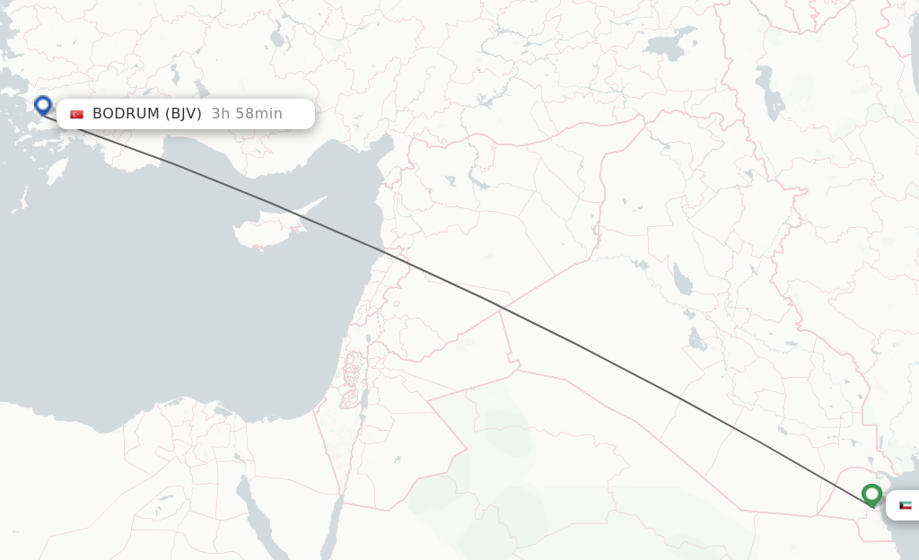 Flights from Kuwait to Bodrum route map