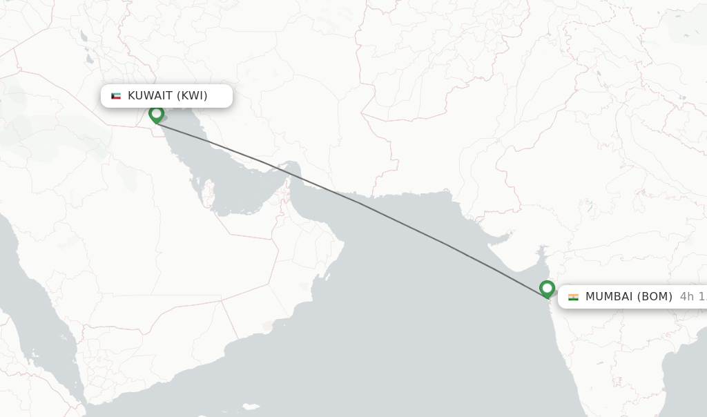 Flights from Kuwait to Mumbai route map