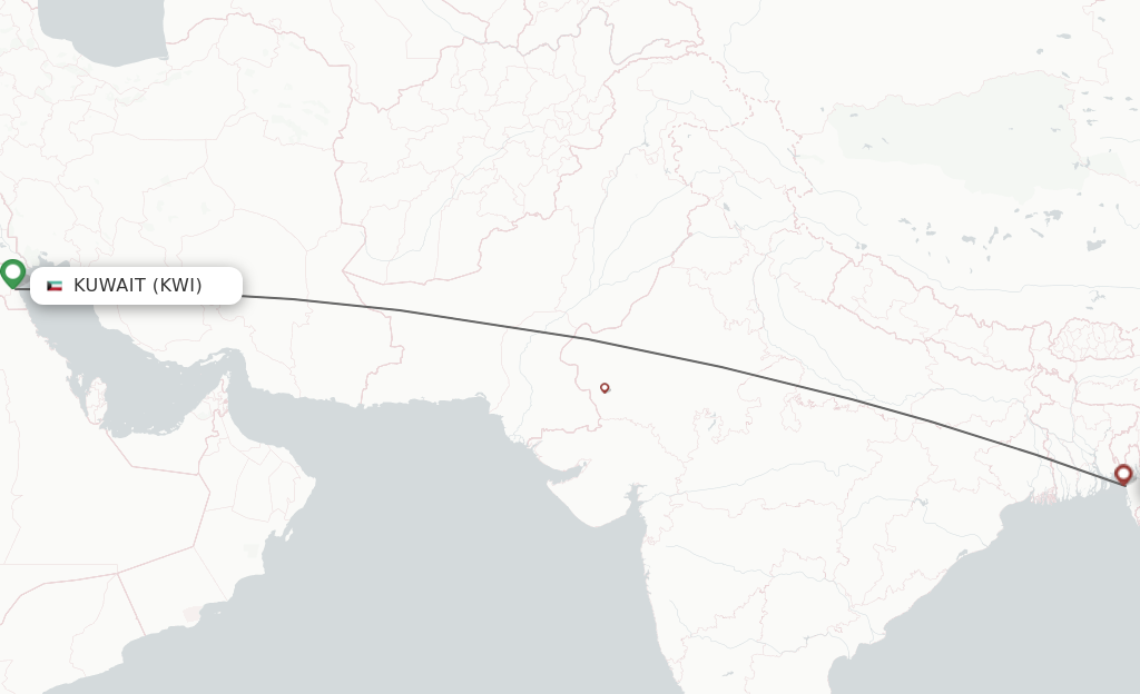 Flights from Kuwait to Chittagong route map