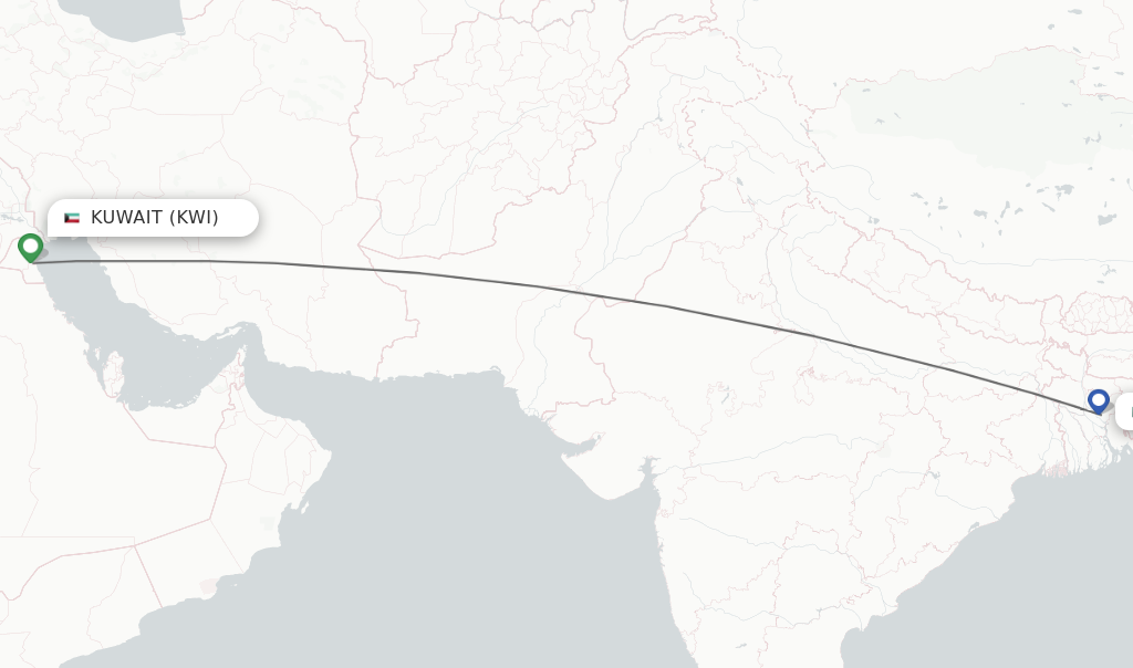 Flights from Kuwait to Dhaka route map