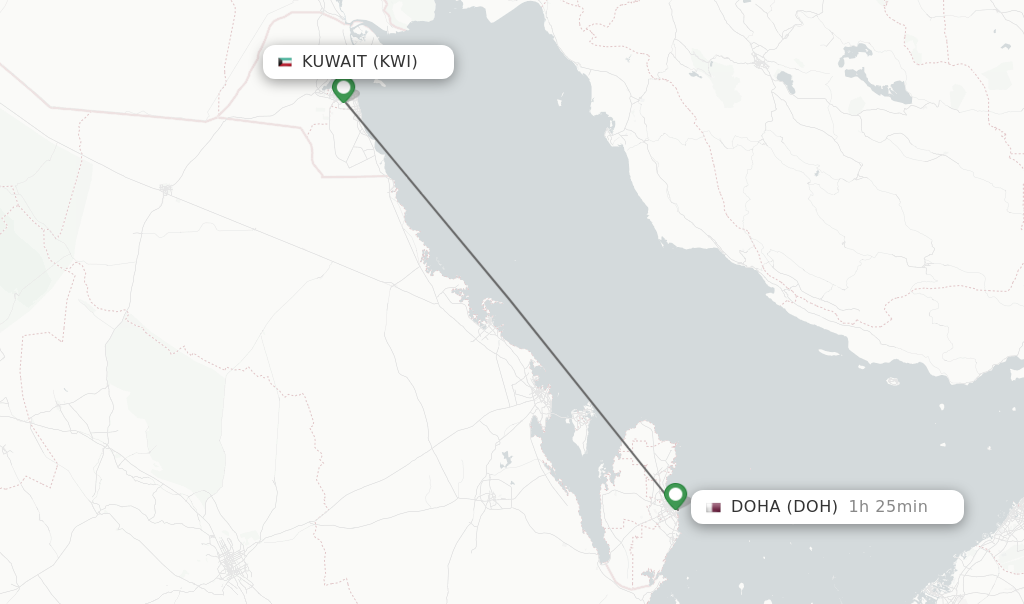 Flights from Kuwait to Doha route map