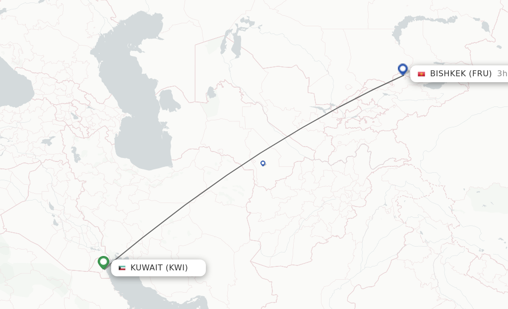 Flights from Kuwait to Bishkek route map