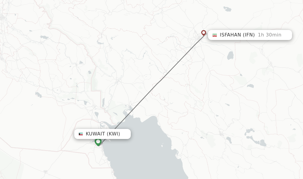 Flights from Kuwait to Isfahan route map