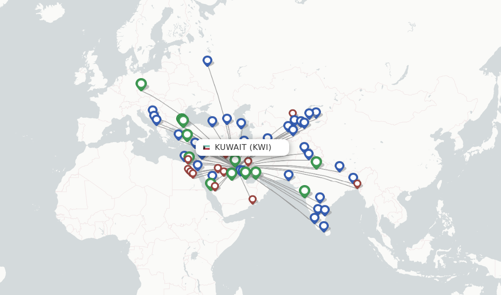Route map with flights from Kuwait with Jazeera