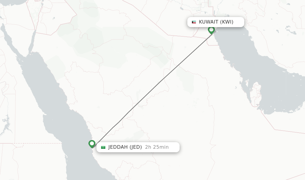 Flights from Kuwait to Jeddah route map