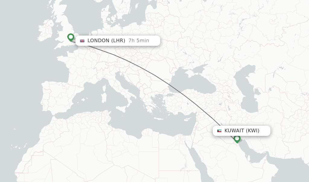 Flights from Kuwait to London route map