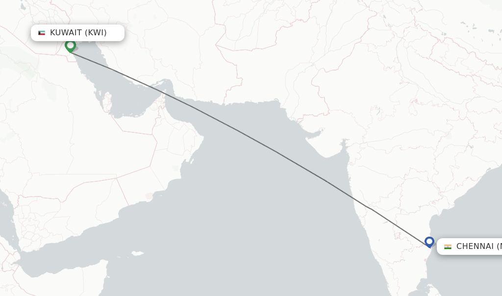 Flights from Kuwait to Chennai route map