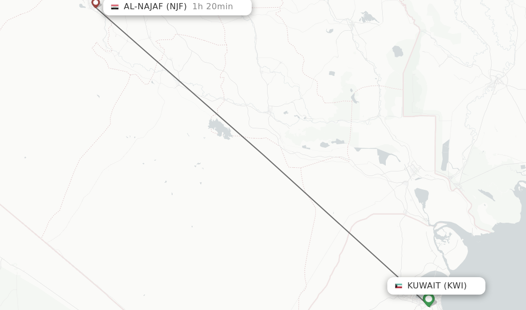 Flights from Kuwait to Al-Najaf route map