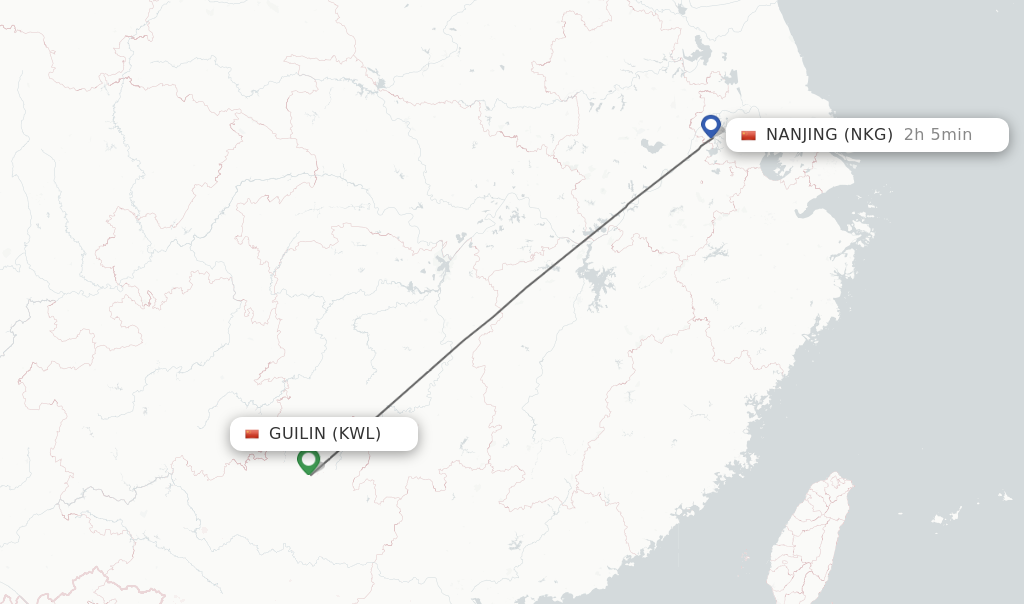 Flights from Guilin to Nanjing route map