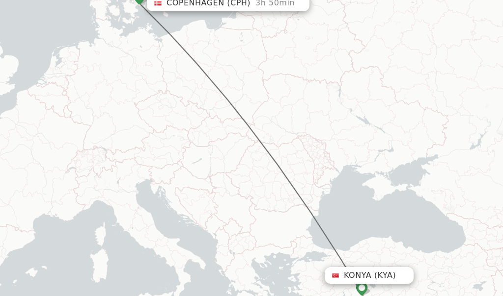 Flights from Konya to Copenhagen route map