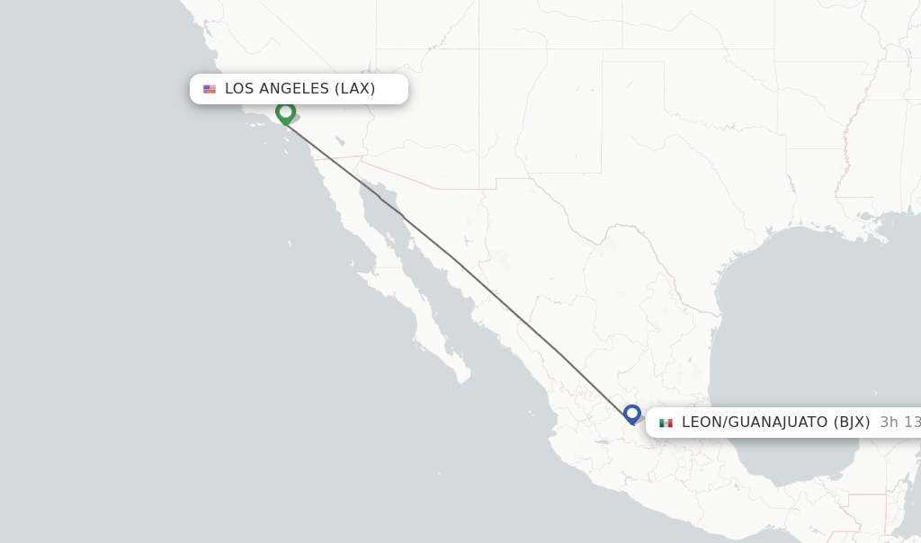 Flights from Los Angeles to Leon/Guanajuato route map