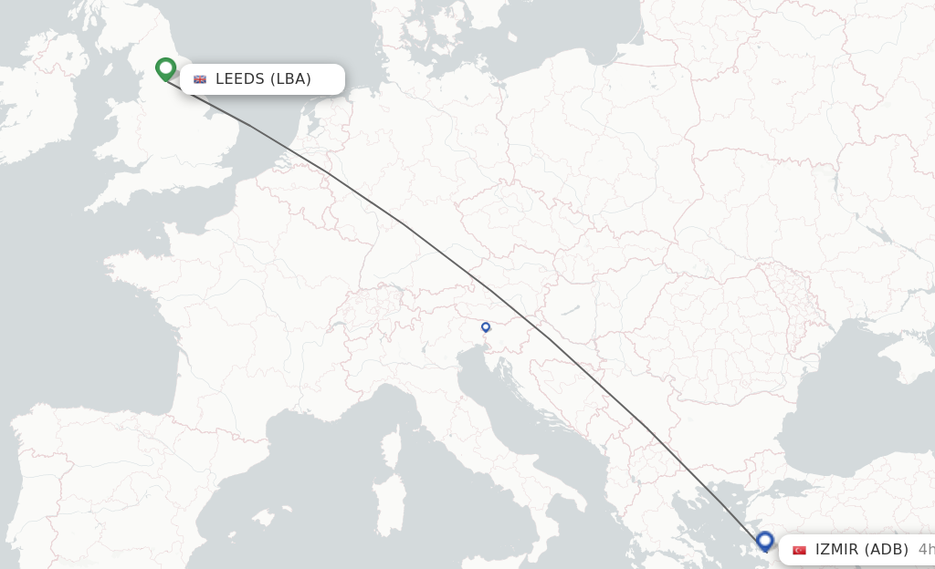 Flights from Leeds to Izmir route map