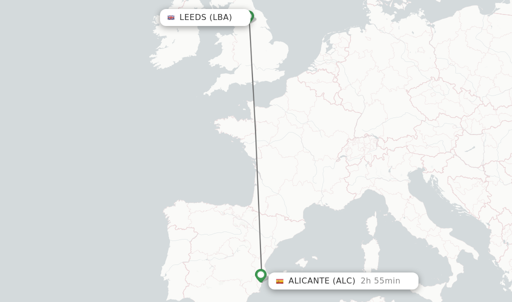 Flights from Leeds to Alicante route map
