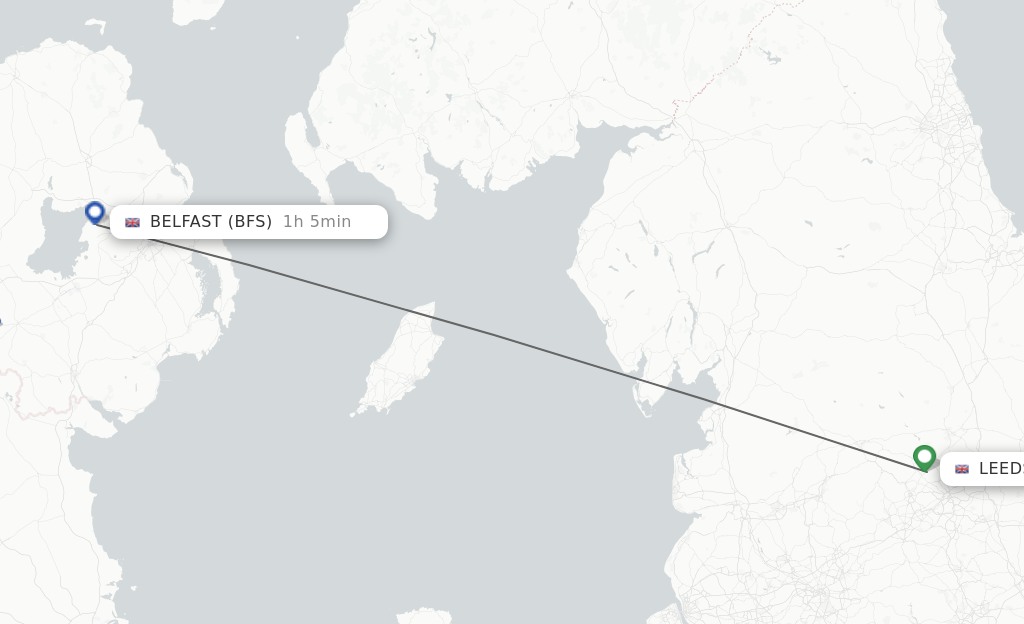Flights from Leeds to Belfast route map