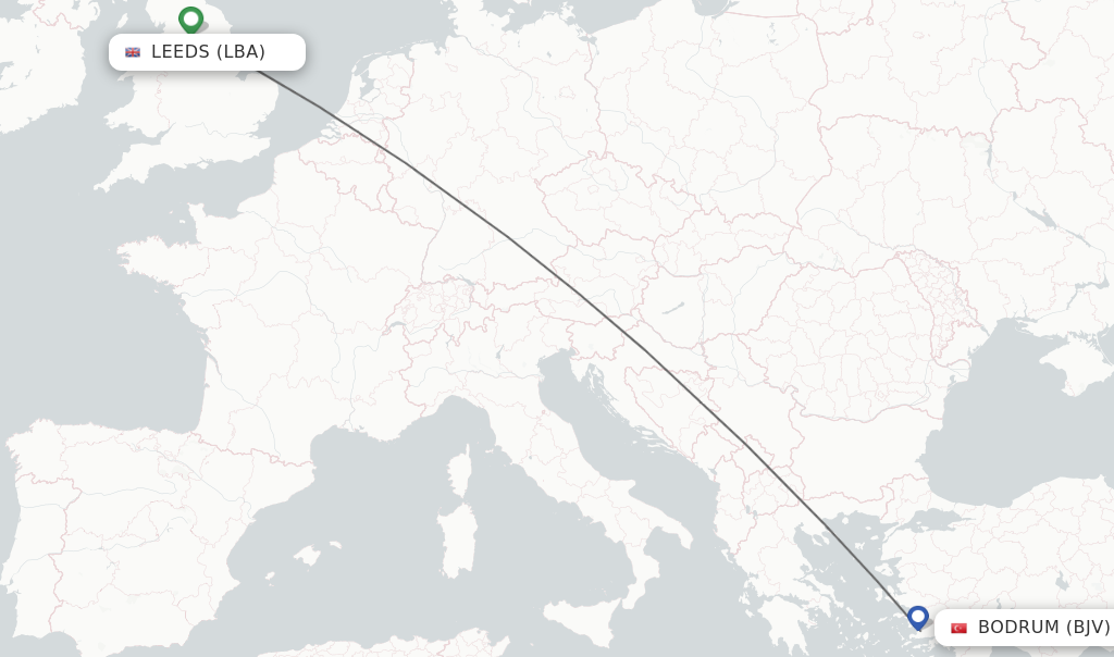 Flights from Leeds to Bodrum route map