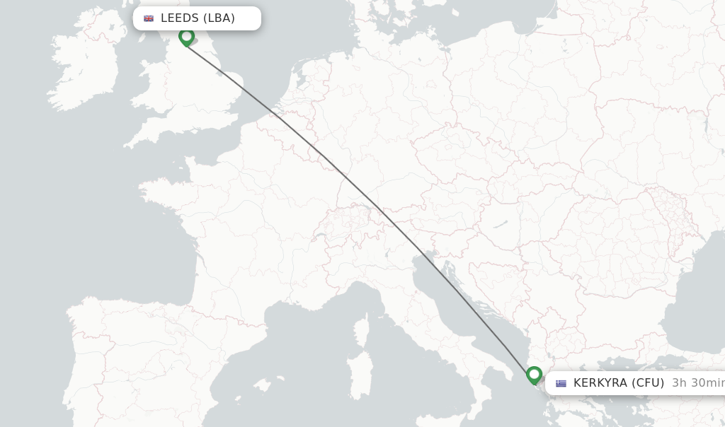 Flights from Leeds to Kerkyra route map