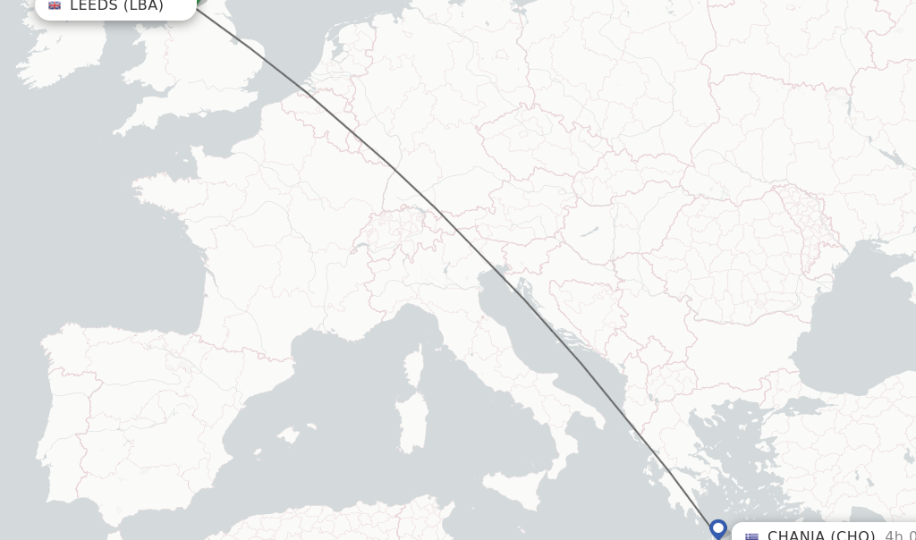 Flights from Leeds to Chania route map