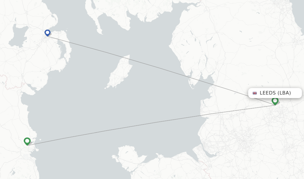Route map with flights from Leeds with Aer Lingus