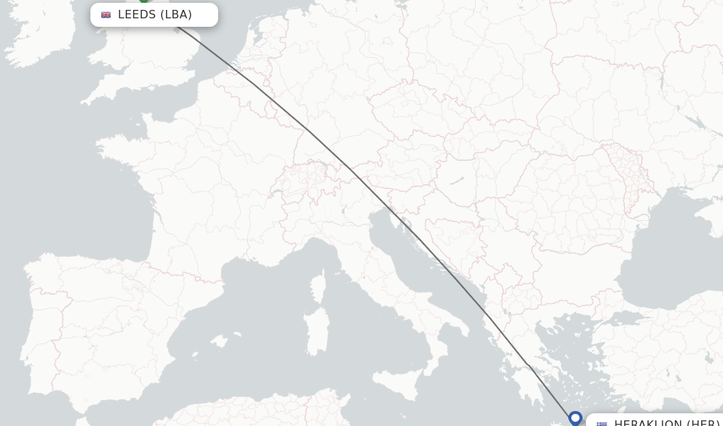 Flights from Leeds to Heraklion route map