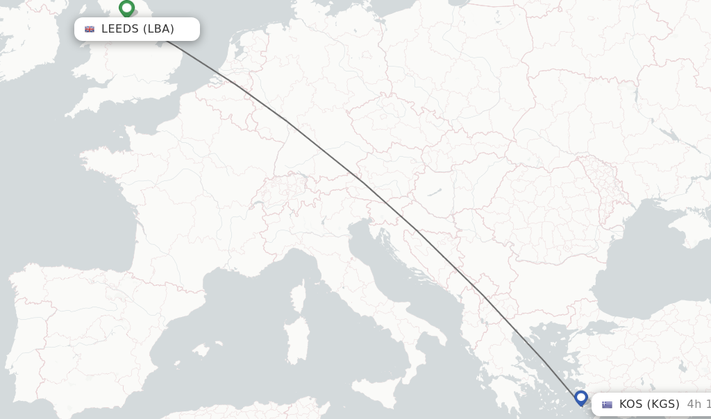 Flights from Leeds to Kos route map