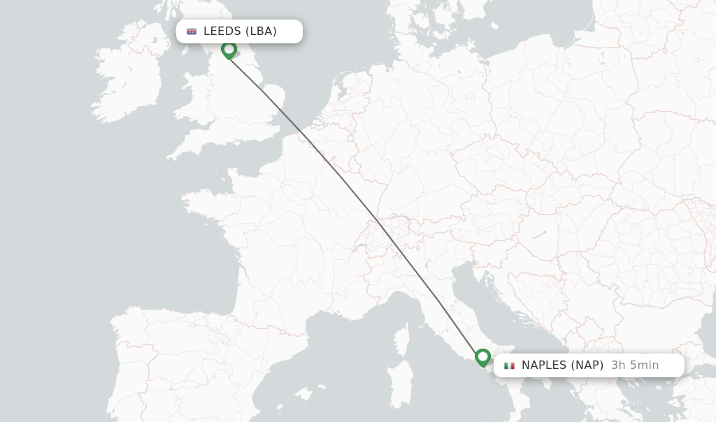 Flights from Leeds to Naples route map