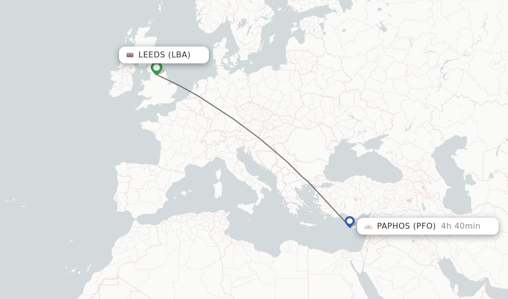 Flights from Leeds to Paphos route map