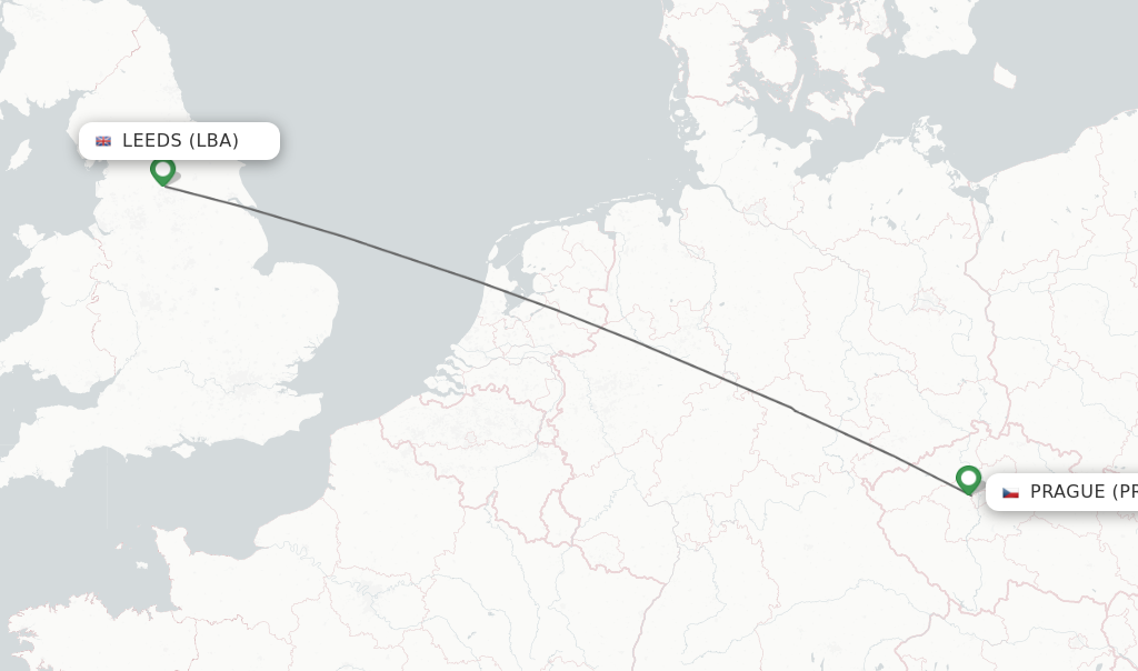 Flights from Leeds to Prague route map