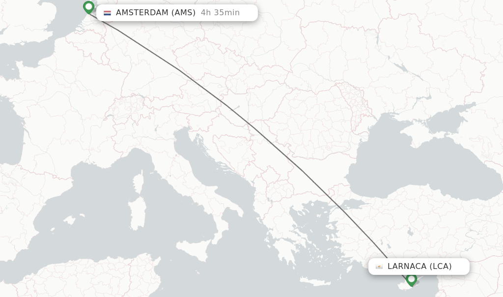 Flights from Larnaca to Amsterdam route map