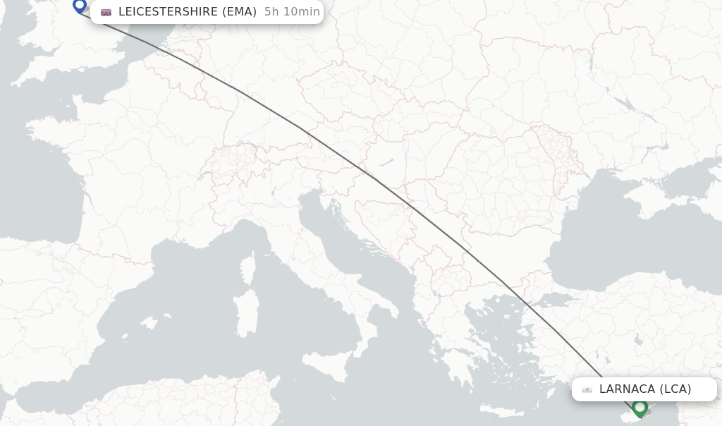 Flights from Larnaca to Leicestershire route map
