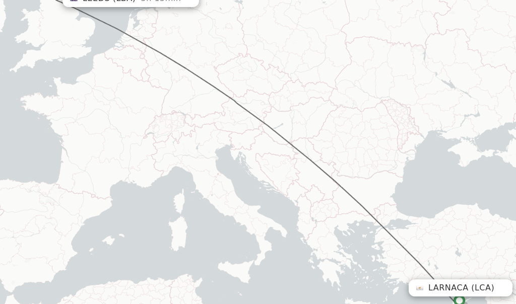 Flights from Larnaca to Leeds route map