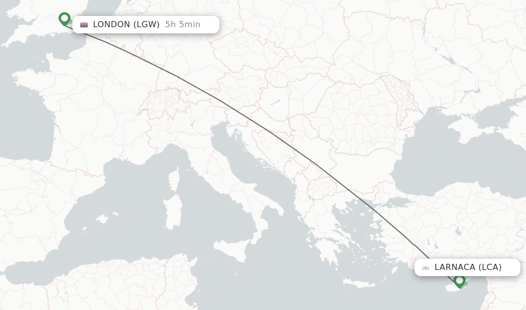 Flights from Larnaca to London route map