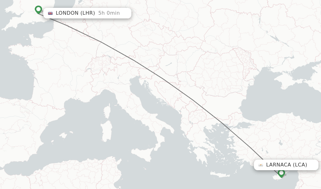 Flights from Larnaca to London route map
